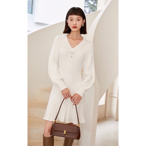 Váy len dệt kim xếp ly cao cấp tay bồng tiểu thư Vero Moda