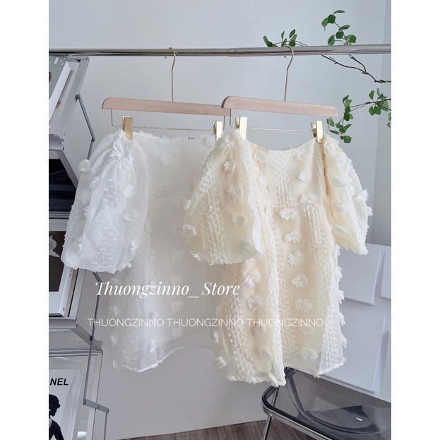 [Ảnh thật/Video]Áo trễ vai hoa nổi tay phồng MiO Nhẹ nhàng trẻ trunh Áo trễ vai Hàn Quốc hoa nổi