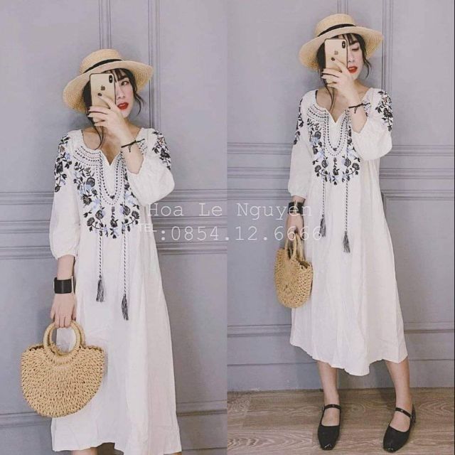 Vây BOHEMIAN, vitage, họa tiết thêu, váy dáng suôn, váy trắng đi biển ,chụp ảnh đẹp