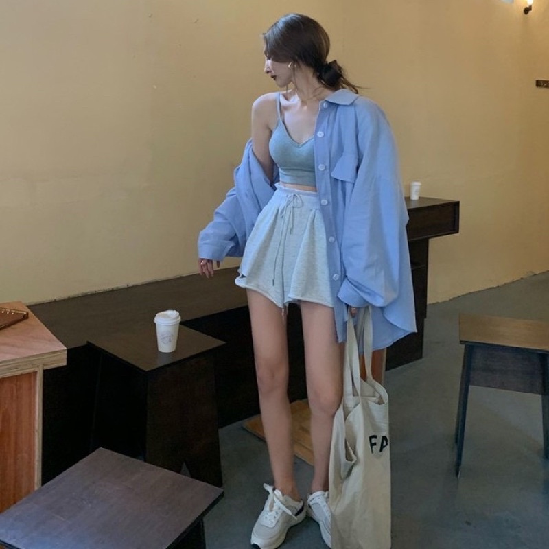 Áo khoác sơ mi xanh dương in chữ REVIVAL thời trang