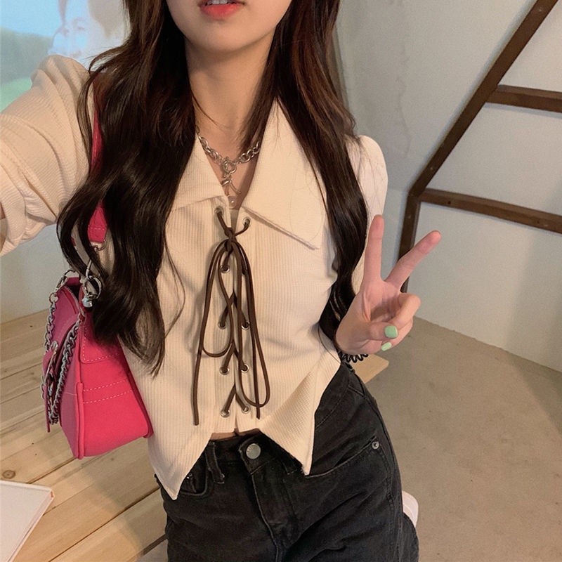 Áo Thun Tay Ngắn Cổ Polo Phối Dây Cột Thời Trang Mùa Hè Xinh Xắn Cho Nữ