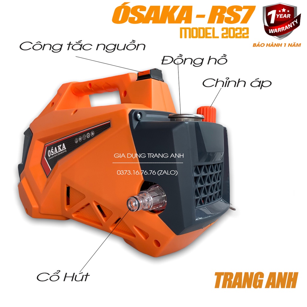 Máy rửa xe Osaka Rs7 3000W lõi đồng , dây xịt 15m, bảo hành 12 tháng