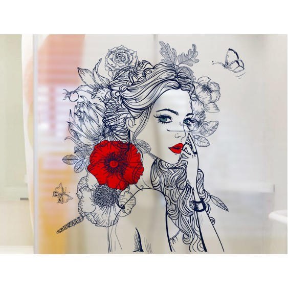 Decal trang trí kính cao cấp Cô Gái và đóa hồng Đỏ lớn