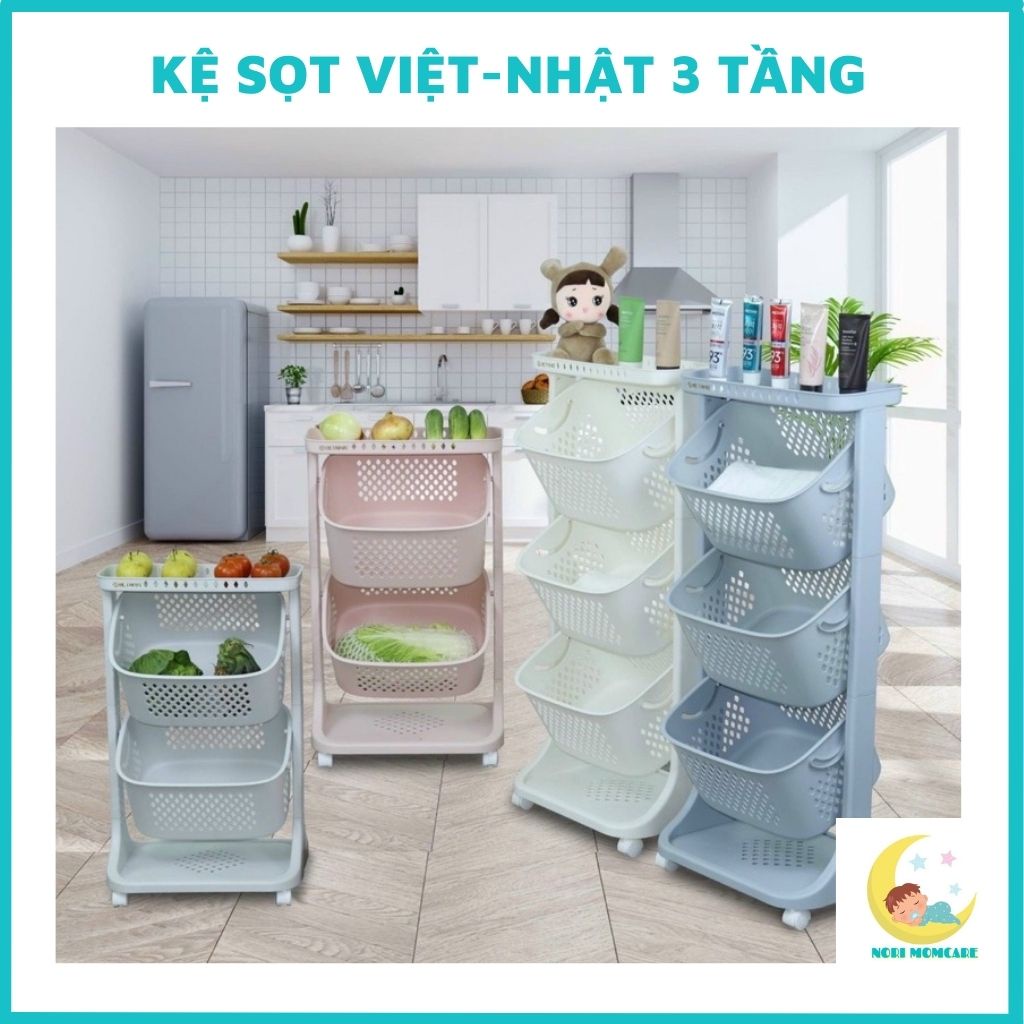 Kệ sọt Việt Nhật 3 tầng, có bánh xe đựng đồ bỉm sửa cho bé, nhựa PP an toàn