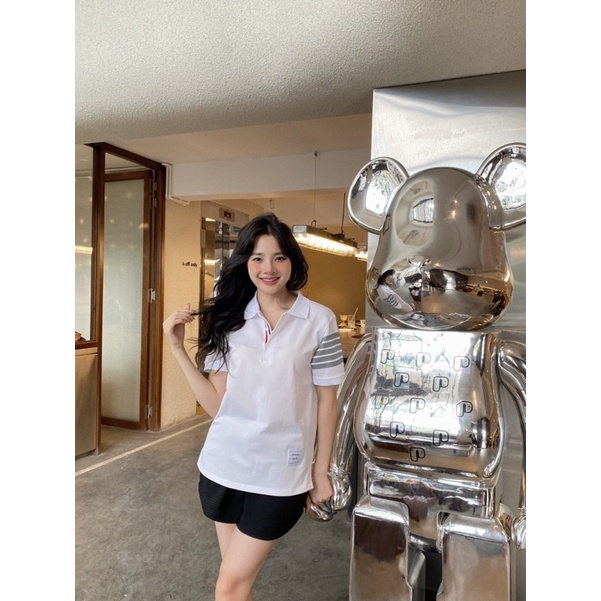 Áo polo THOM trắng sọc tay