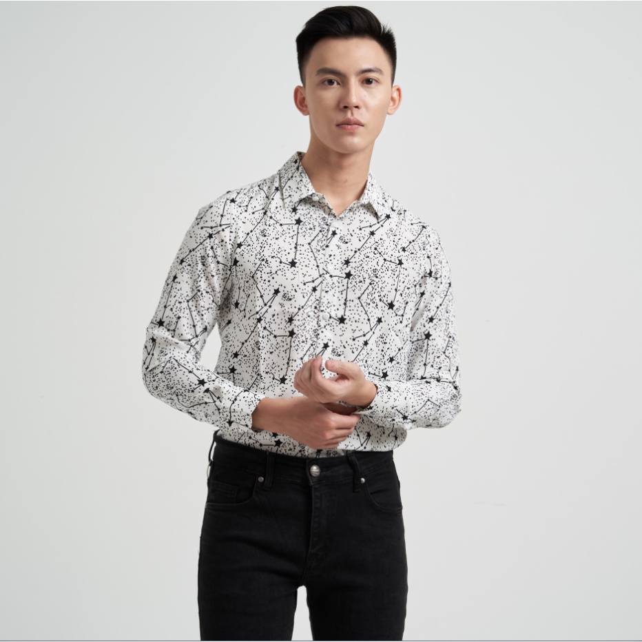 Áo sơ mi nam dài tay họa tiết chòm sao chất lụa mềm mại chống nhăn