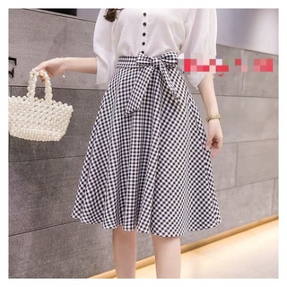 Chân váy xòe kẻ phối nơ dài 60cm