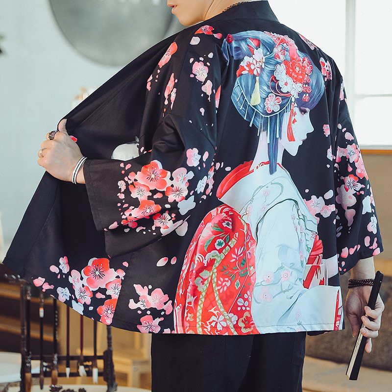 Áo khoác Kimono Haori phong cách Nhật Bản in hoạ tiết cô gái geisha chất lụa mềm mịn, thoáng mát dễ phối đồ giá rẻ