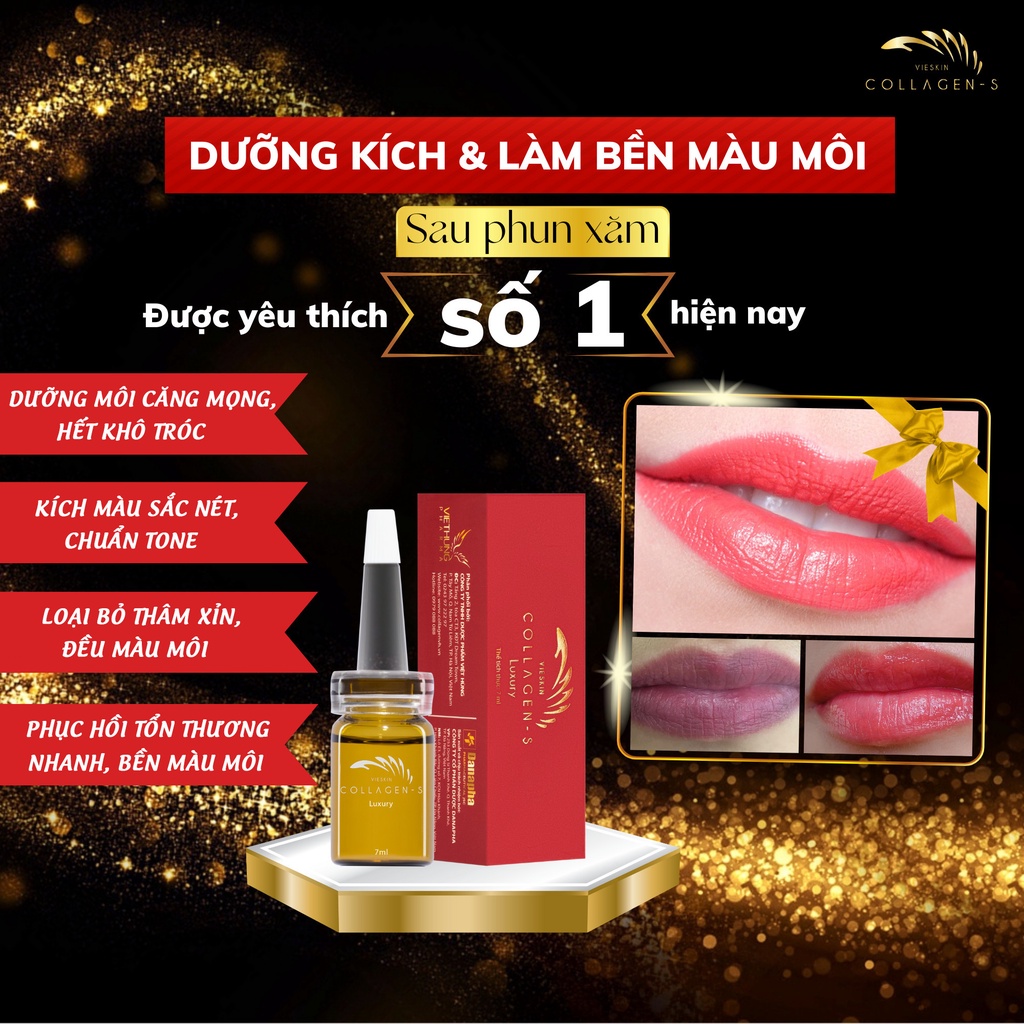 Tinh chất collagen tươi Vieskin Luxury dưỡng môi sau phun xăm, kích màu sắc nét, tự nhiên, siêu căng bóng, lọ 7ml