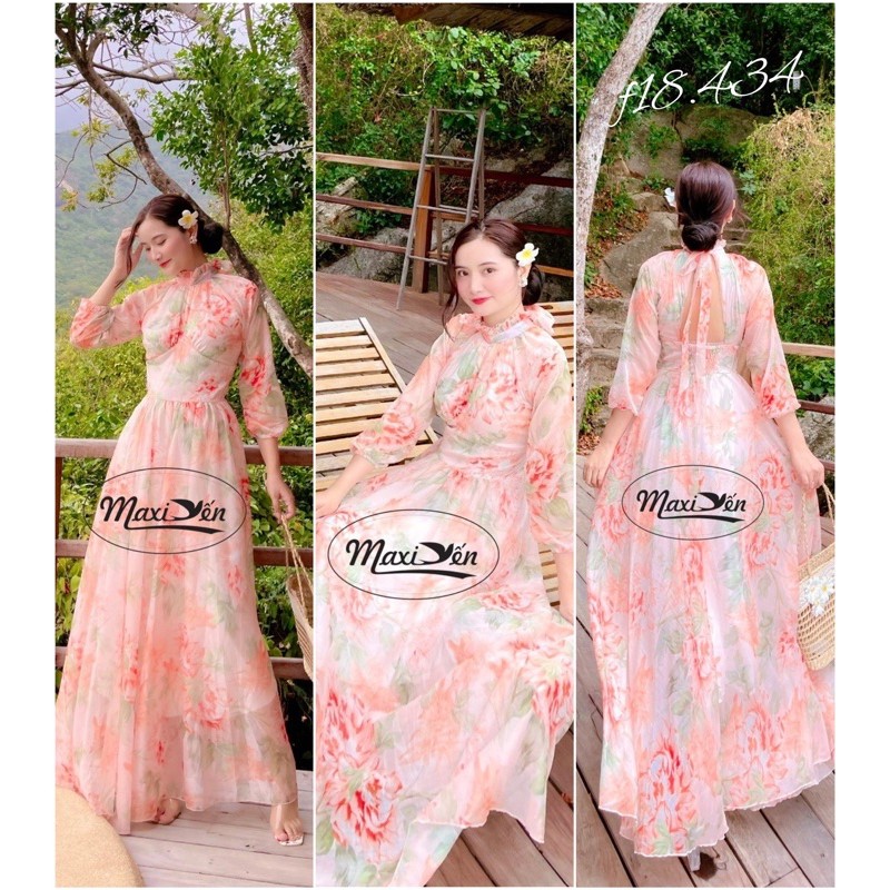 VÁY MAXI DÀI HOA HỒNG CỔ TRỤ EO ĐAI NHỌN BẢN LỚN LEMITA MAXI YẾN MÃ F18.434
