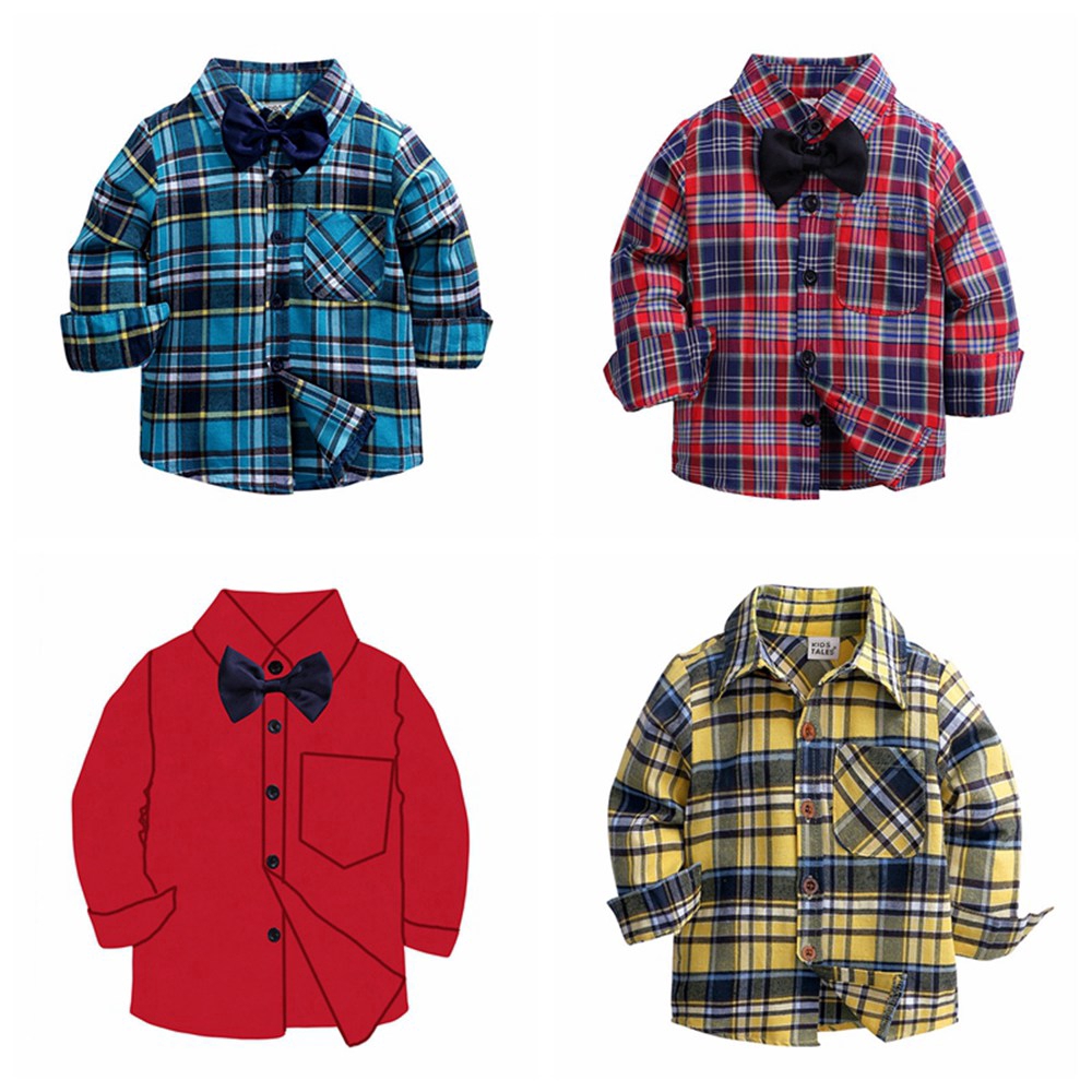 1-7 Years Gentleman Boys Formal Shirts with Bow Fashion Plaid Casual Shirts Red