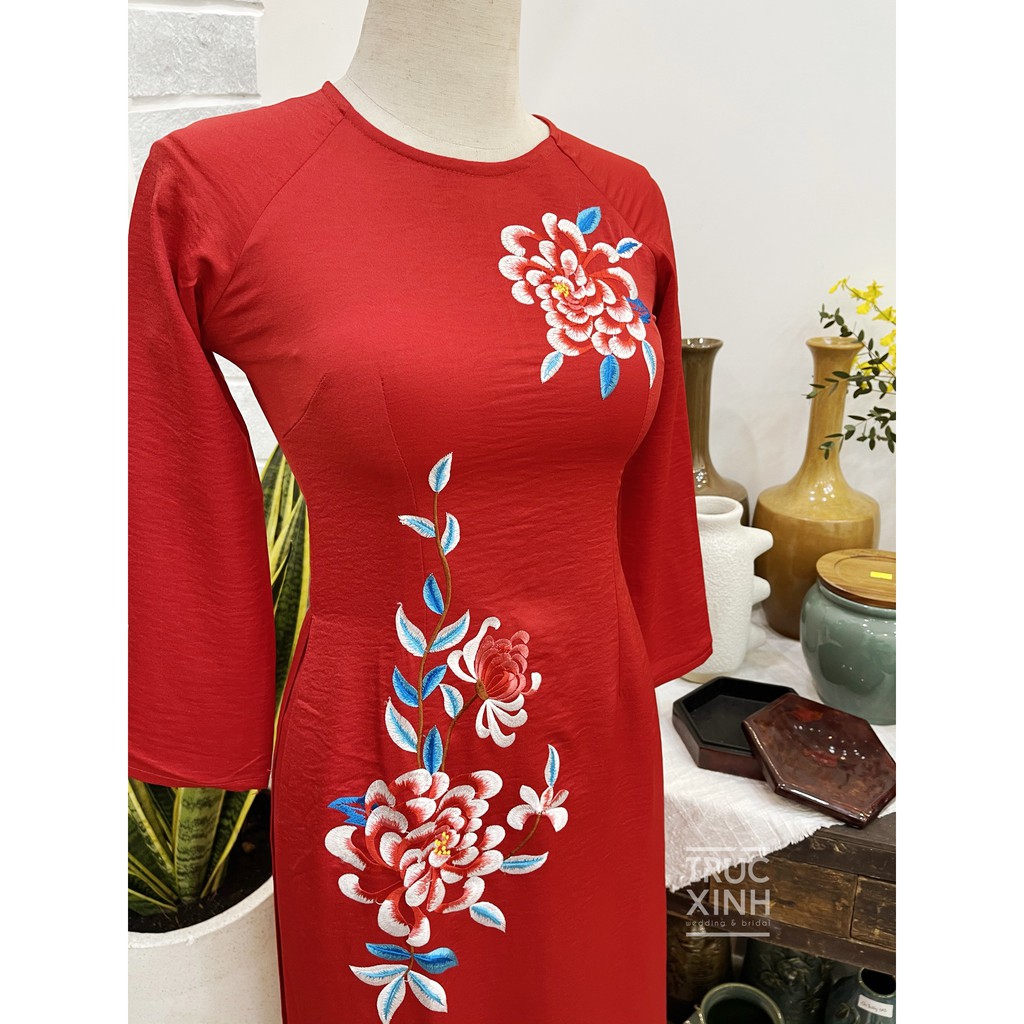 Áo dài đỏ MAY MẮN - áo dài cưới thêu GIÁ RẺ - Áo dài Tết