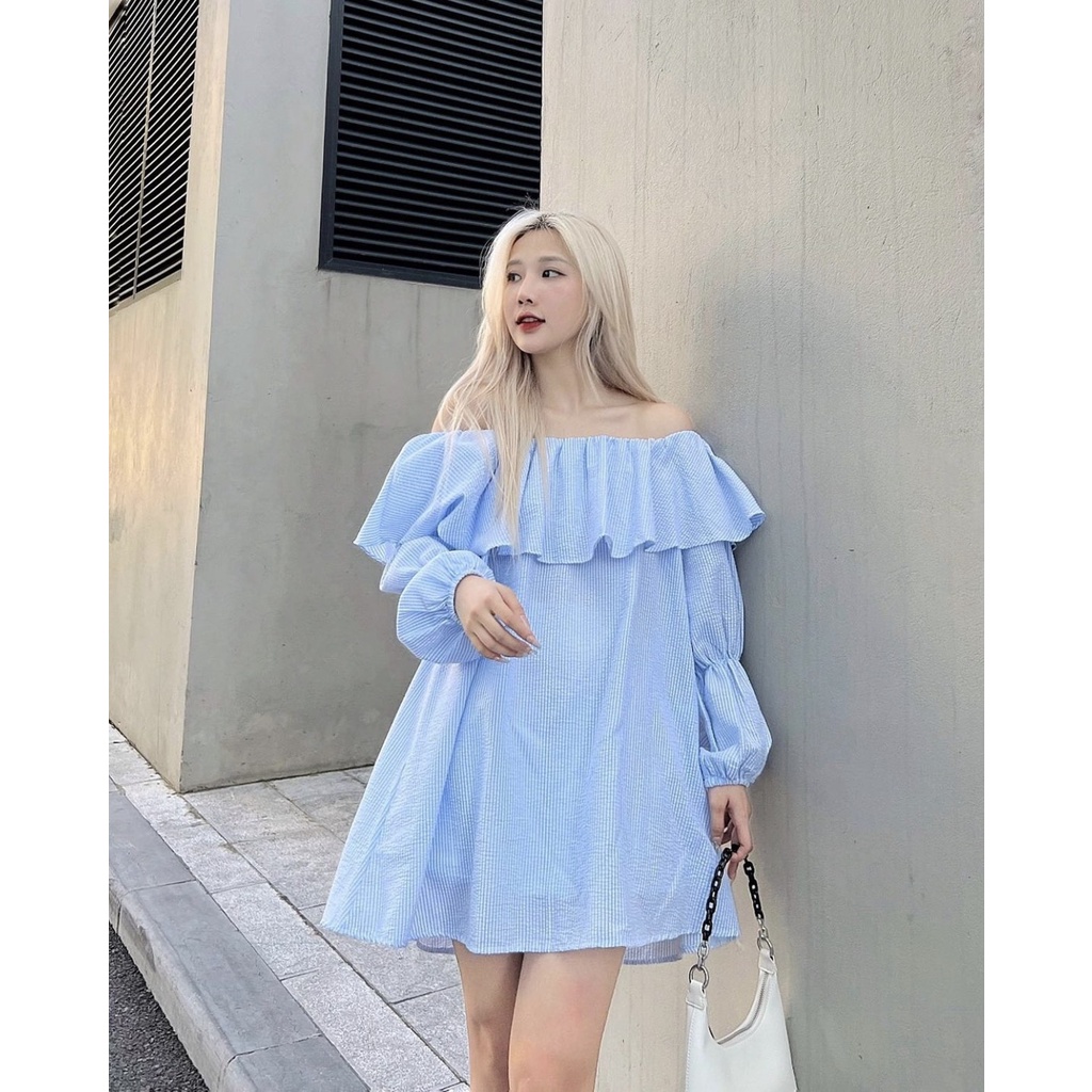 Váy trễ vai caro Daisy tay bồng Hàn Quốc, Đầm Caro xanh Daisy - Dorita Boutique