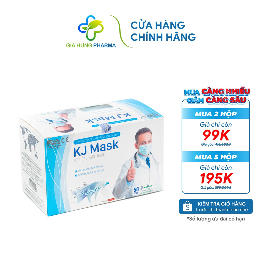 [Cho Da Nhạy Cảm] Khẩu Trang Y Tế 4 Lớp KJMASK KJvina Kháng Khuẩn Không mùi - Hộp 50 Cái