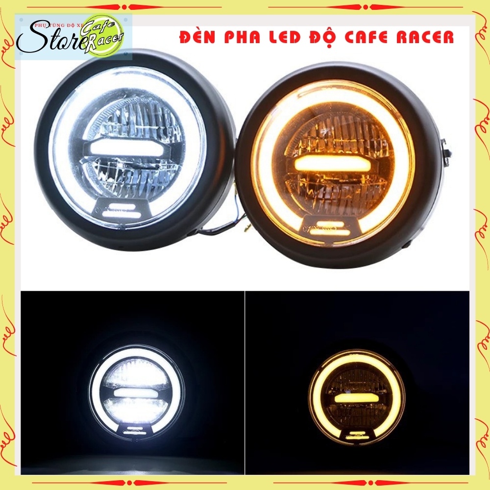 Đèn pha led cao cấp , đèn led pha độ xe máy CAFE RACER gáo sắt sơn đen mặt kính trong suốt