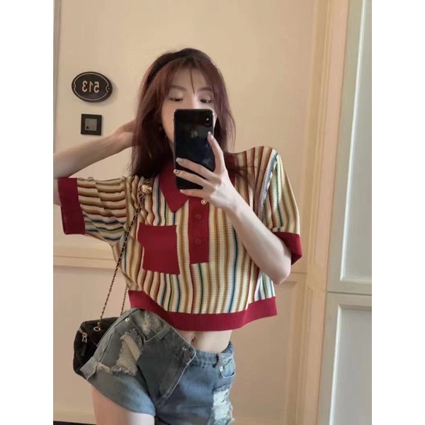 áo len dệt kim cổ đức phối sọc màu kèm túi ngực (07862-1#)