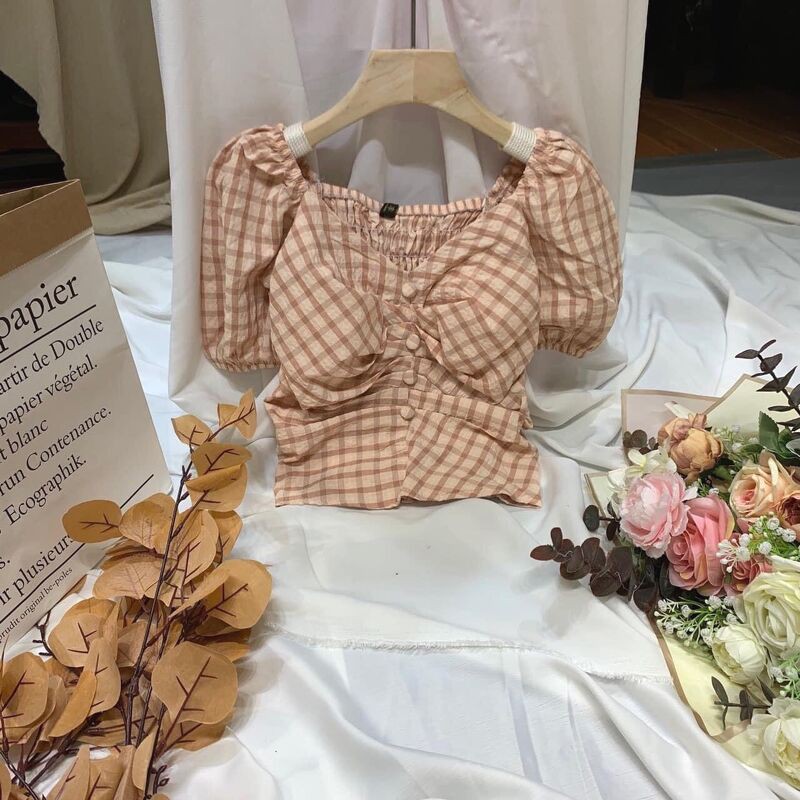 Áo kẻ tay bồng khuy nhún ngực nhiều màu sắc