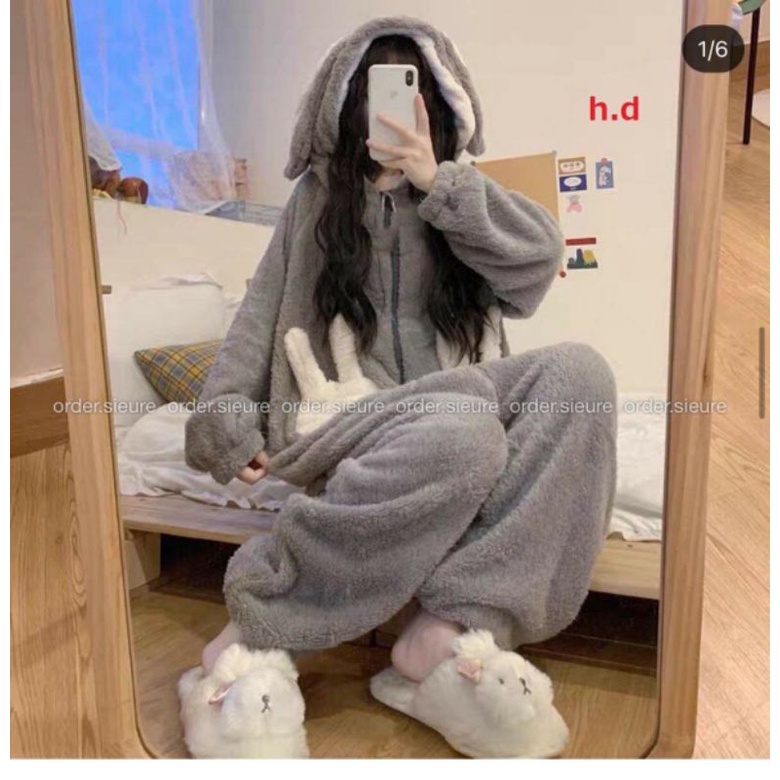 Bộ Ngủ NỮ lông Tai Thỏ Túi Trắng khoá liền💜Lông cừu dày mịn,giữ nhiệt tốt💜bộ thu đông mặc nhà | BigBuy360 - bigbuy360.vn