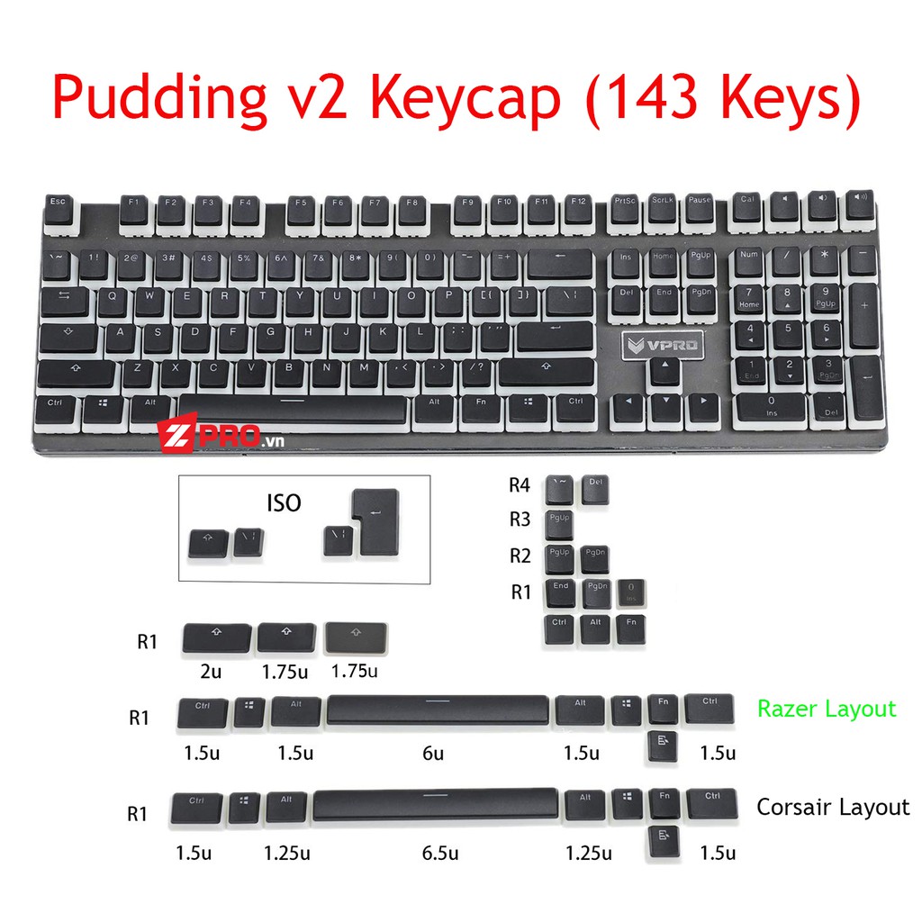 Bộ Keycap Pudding V2 (143 Keys) Hỗ trợ layout 68,84, Razer, Corsair