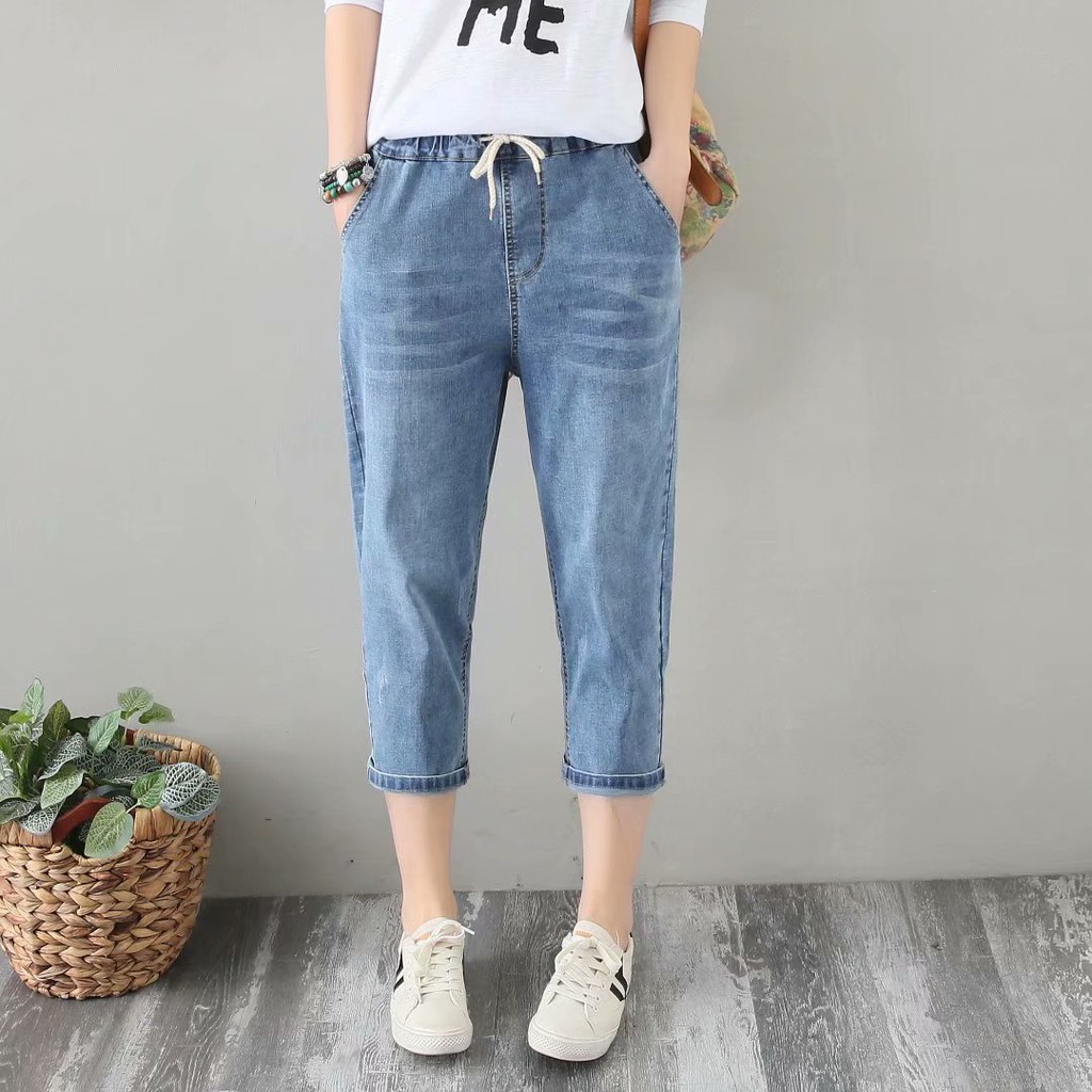 Quần Baggy jean Nữ Lưng Thun size đại lửng 7 tất vải co giãn