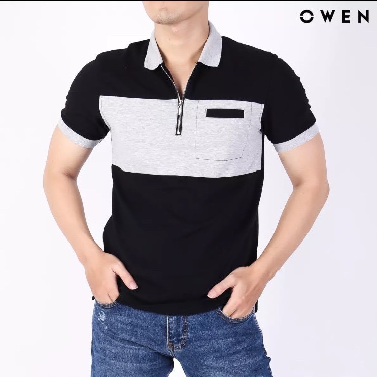 Áo polo nam Owen màu xám phối đen dây kéo - APV91663