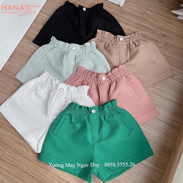 Quần đùi nữ mặc nhà cạp chun lưng cao bèo đính đai vải thun xốp mềm mát dáng quần short nữ ống rộng vừa mặc đi biển chơi