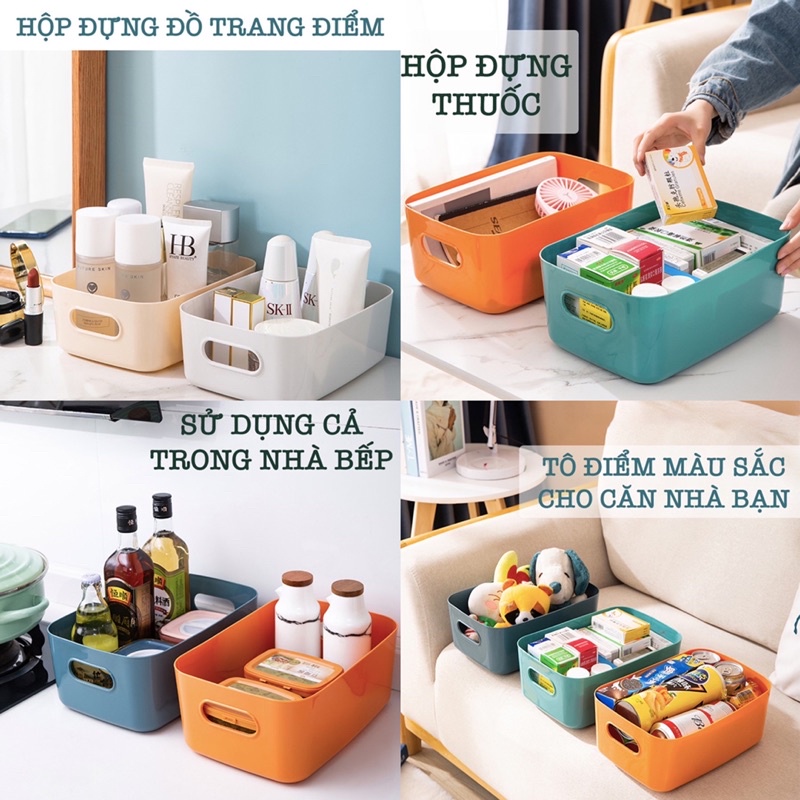 Khay đựng mỹ phẩm, đồ dùng cá nhân, đồ nhà bếp nhiều màu có tay cầm tiện lợi - Hộp nhựa đựng mỹ phẩm để bàn đa năng