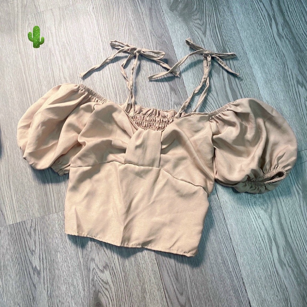 Áo kiểu nữ nơ to 2 dây cột tay bồng hở vai croptop nhẹ nhàng nữ tính PC