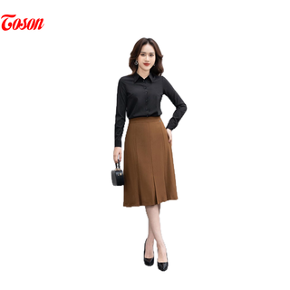 Chân váy nâu cafe tuýp si, dáng đuôi cá xếp ly hộp Toson 34991N62
