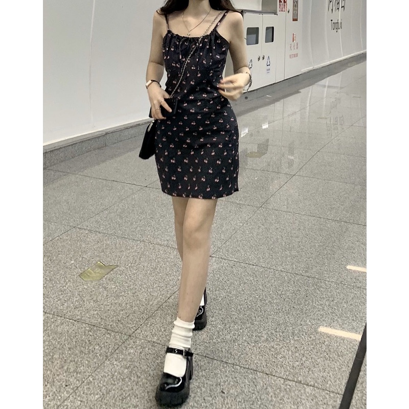 Váy 2 dây hoạ tiết hoa xinh xắn/Đầm 2 dây ôm body cột nơ ngực phong cách Hàn Quốc trẻ trung Penee.concept