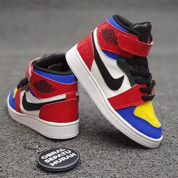 Giày bóng rổ Nike Air Jordan 1 màu đỏ/xanh dương/vàng/xanh dương/đỏ thời trang cho bé 26