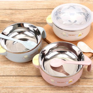 Bát Ăn Dặm Inox 2 lớp Cách Nhiệt Cho Bé Có Tay Cầm Nắp Đậy Kèm Thìa Muỗng, Chén ăn cháo, Bát Ăn Cơm Cho Trẻ Em