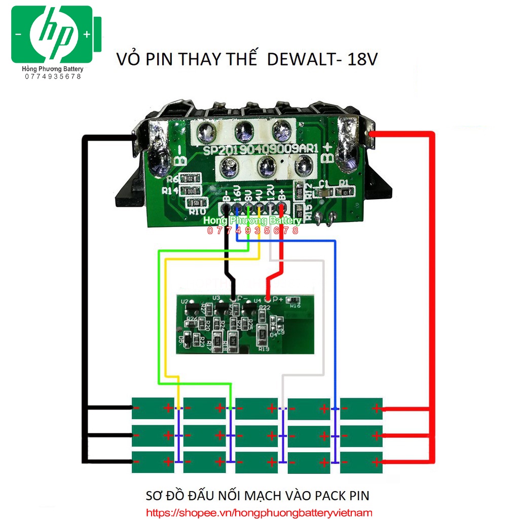 Vỏ mạch Dewalt 20V 9A 15cell mạch nhận sạc zin