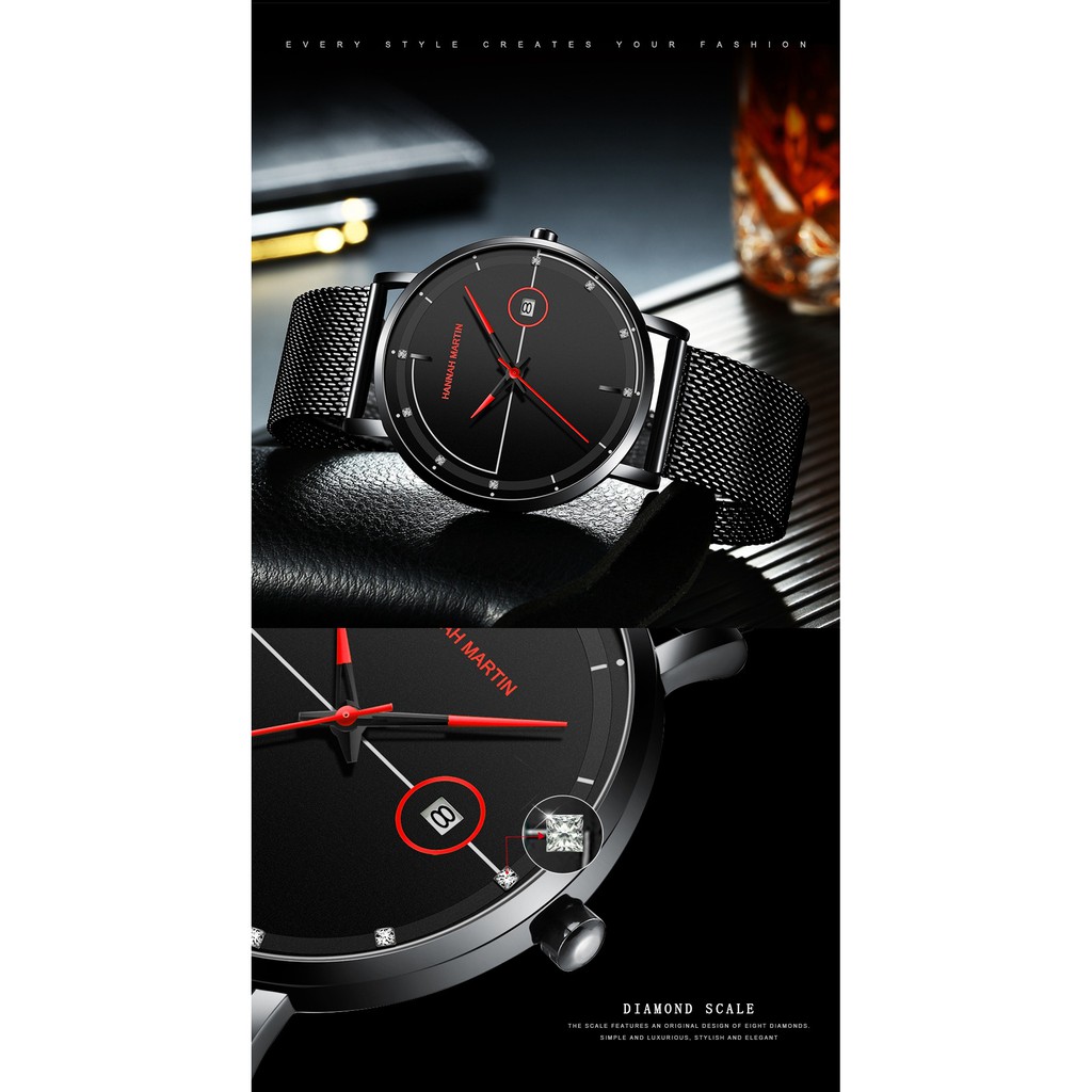 Đồng hồ nam chính hãng Hannah Martin HM-101 dây thép siêu mỏng đẹp máy Nhật cao cấp | BigBuy360 - bigbuy360.vn