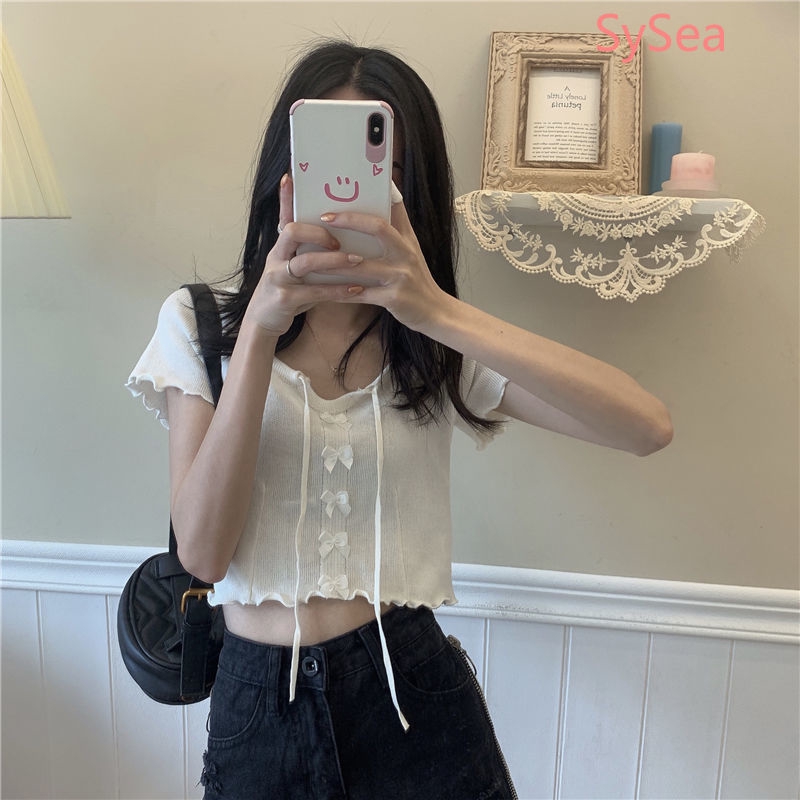 Women's Drawstring Bow Knit Short Sleeve Croptop