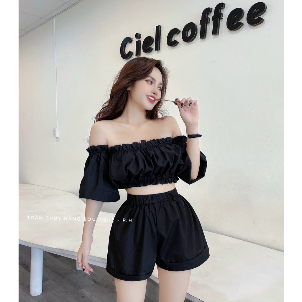 Set bộ đồ nữ trễ vai tay phồng mix quần ống rộng cùng tone với 3 màu cute dành cho các nàng đi chơi, dạo phố siêu xinh