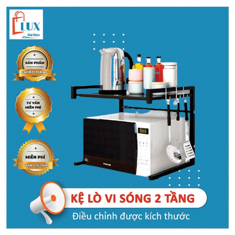 Kệ lò vi sóng 2 tầng, giá đỡ lò vi sóng bằng sắt không gỉ, có điều chỉnh kích thước chịu lực tốt màu đen và trắng