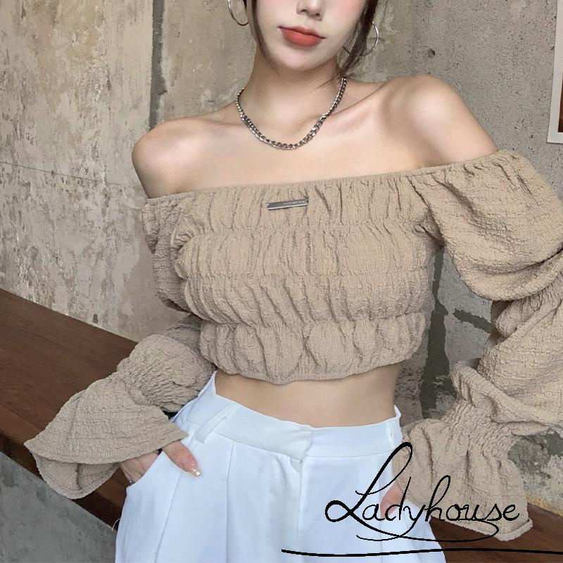 Áo Croptop Trễ Vai Tay Phồng Dài Màu Sắc Trơn Thời Trang Cho Nữ