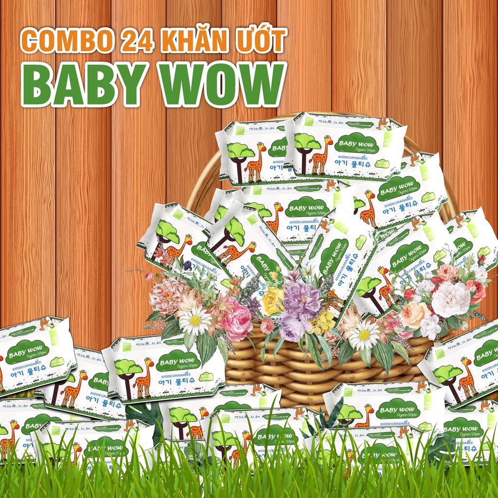 Thùng 24 Khăn ướt Organic Baby Wow không mùi 80 tờ - Khăn lau cho bé - Mềm mịn an toàn
