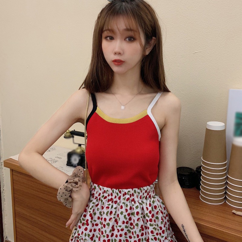 Áo Hai Dây Dệt Kim Phối Màu Tương Phản Quyến Rũ Cho Nữ