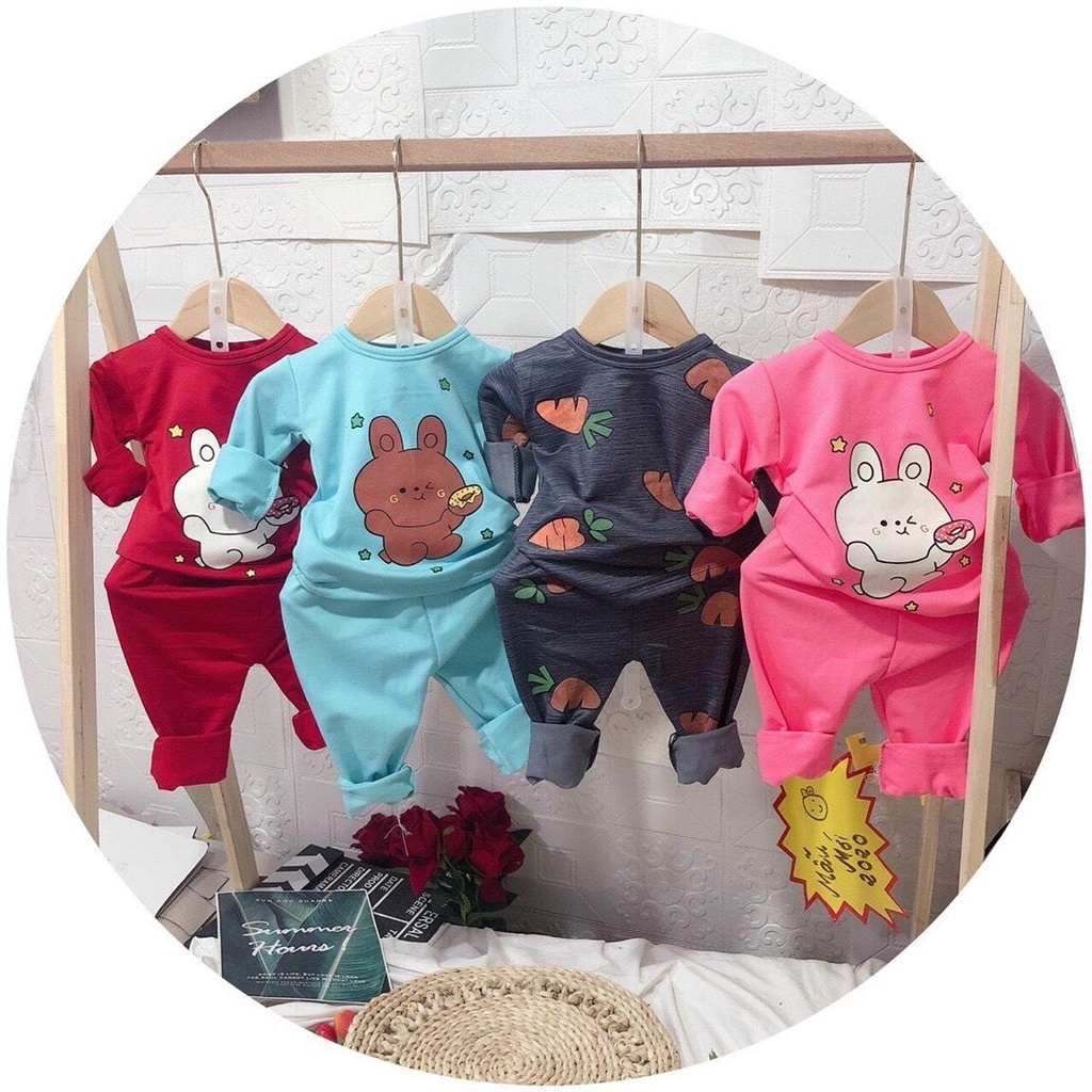 Bộ nỉ mềm mại in hình thỏ dễ thương cho bé trai, bé gái, Size 8-18Kg