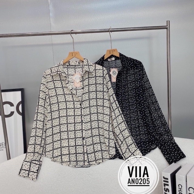Sơ mi hoạ tiết kẻ ô tim chanh sả AN0205 VIIA DESIGN