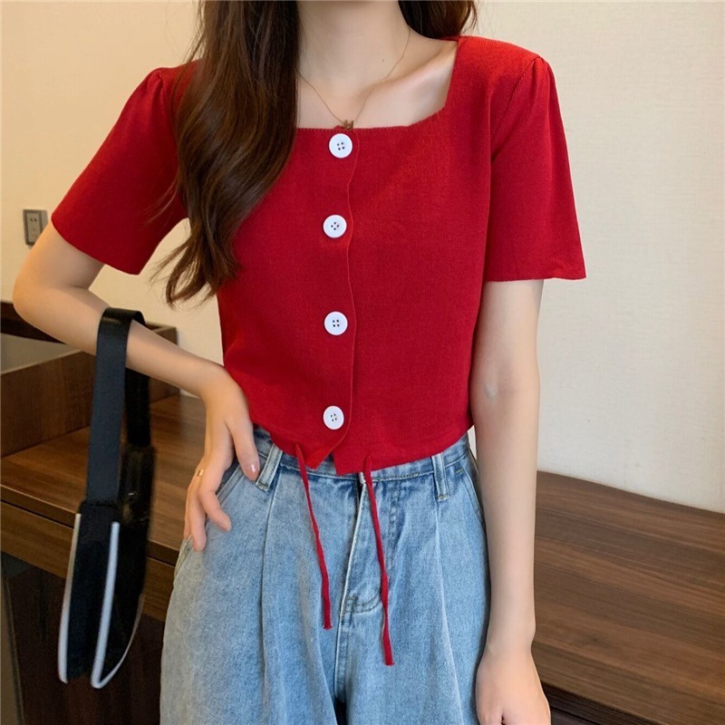 Áo Dệt Kim Tay Ngắn Cổ Vuông Phối Dây Rút Thời Trang Trẻ Trung
