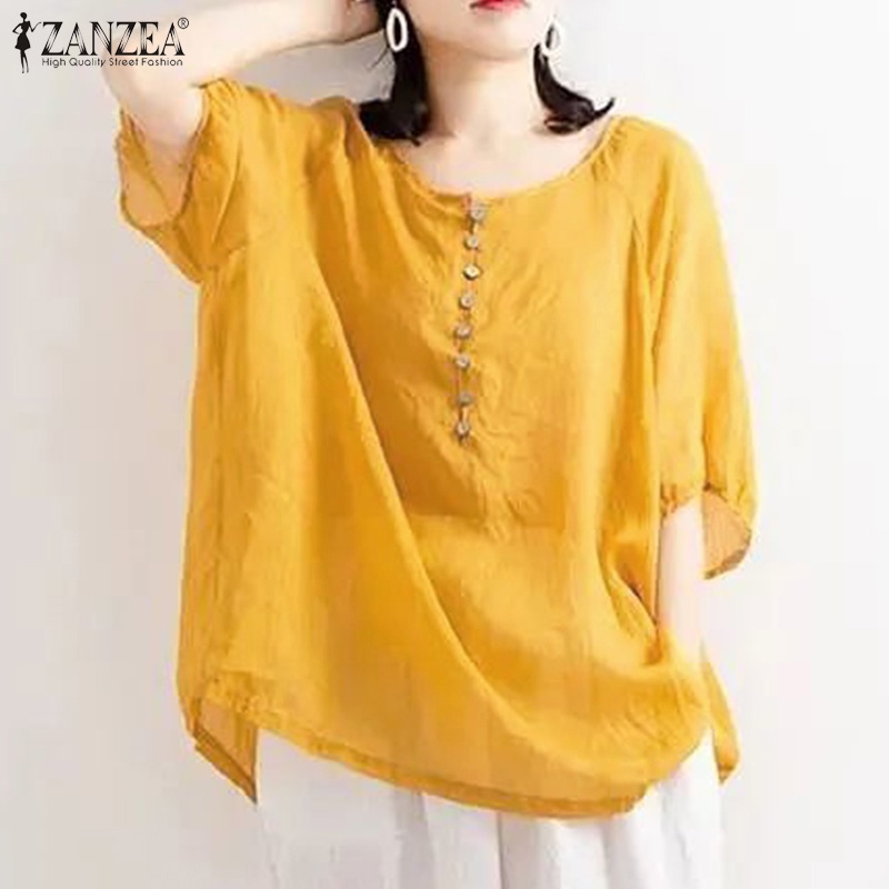 Áo kiểu Zanzea cổ tròn tay lửng dáng rộng phối nút thời trang cho nữ