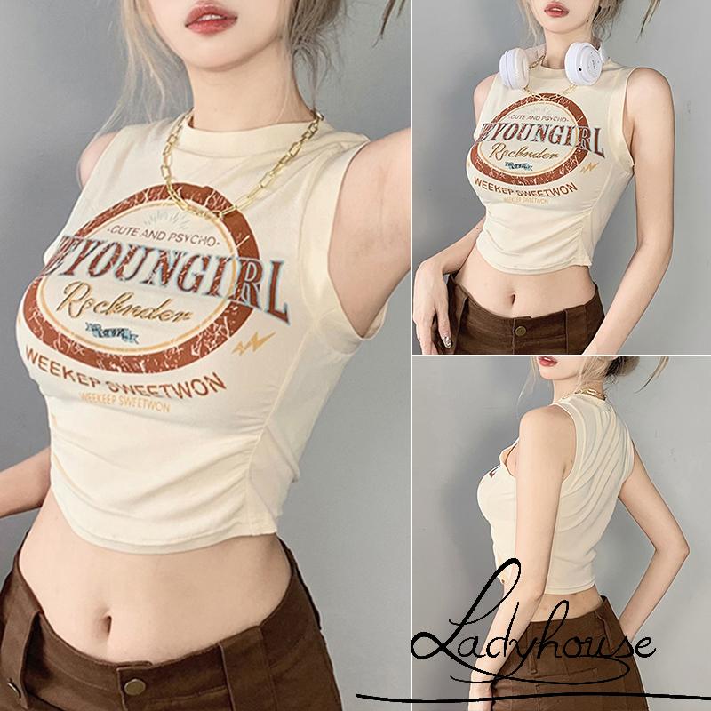 Áo Croptop Cổ Tròn Không Tay In Chữ Màu Sắc Tương Phản Dành Cho Nữ