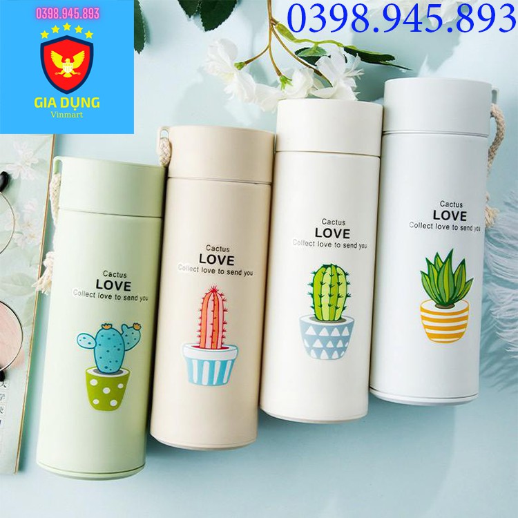 Bình giữ nhiệt in hình xương rồng 500ml, lõi thủy tinh, vỏ bọc nhựa có dây sách tiện dụng