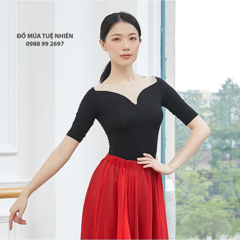 A130 | Áo tập múa cổ trang, tập yoga, múa đương đại phối lưới cổ lượn sóng - Đồ Múa Tuệ Nhiên