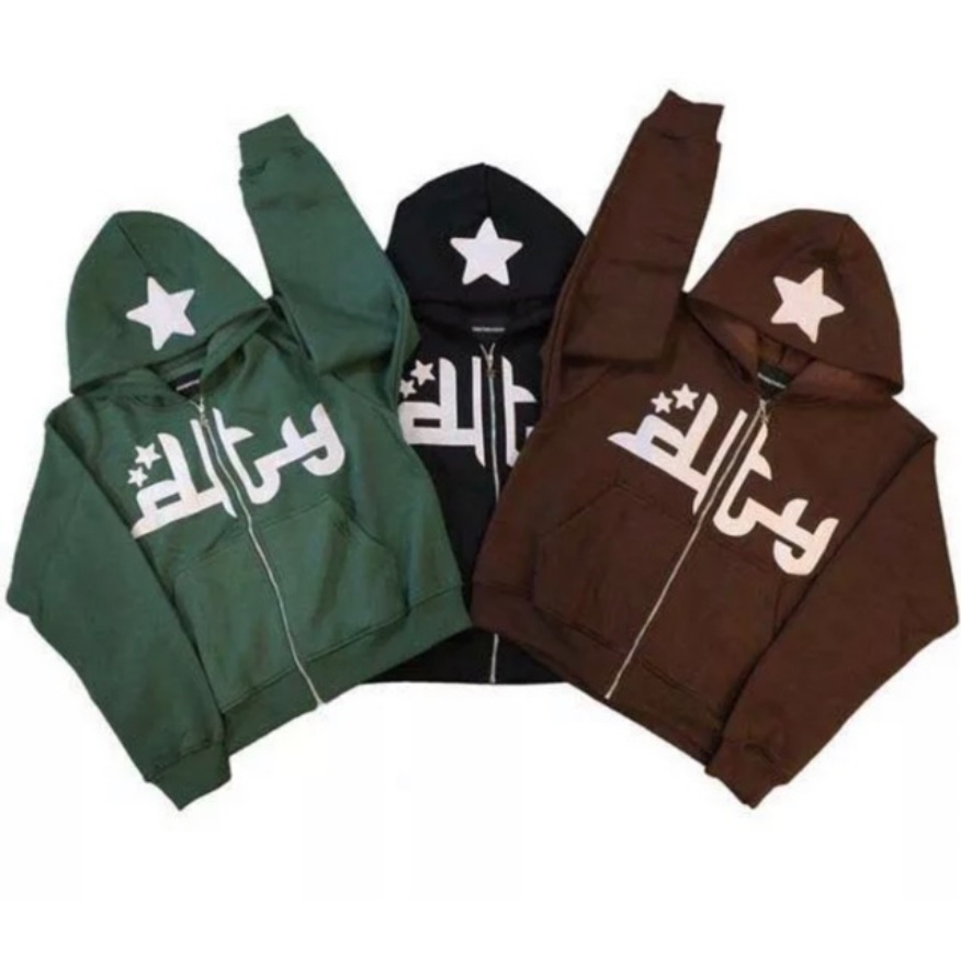 Áo Khoác Hoodie Dáng Rộng Có Khóa Kéo In Chữ Và Ngôi Sao Phong Cách Hip hop Đường Phố Cho Nam Và Nữ