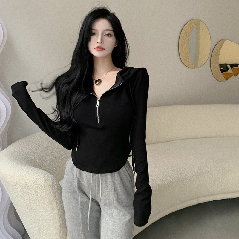 Áo thun tay dài có mũ trùm đầu / khóa kéo màu trơn thiết kế vạt không đều phong cách Hàn Quốc thường ngày dành cho nữ