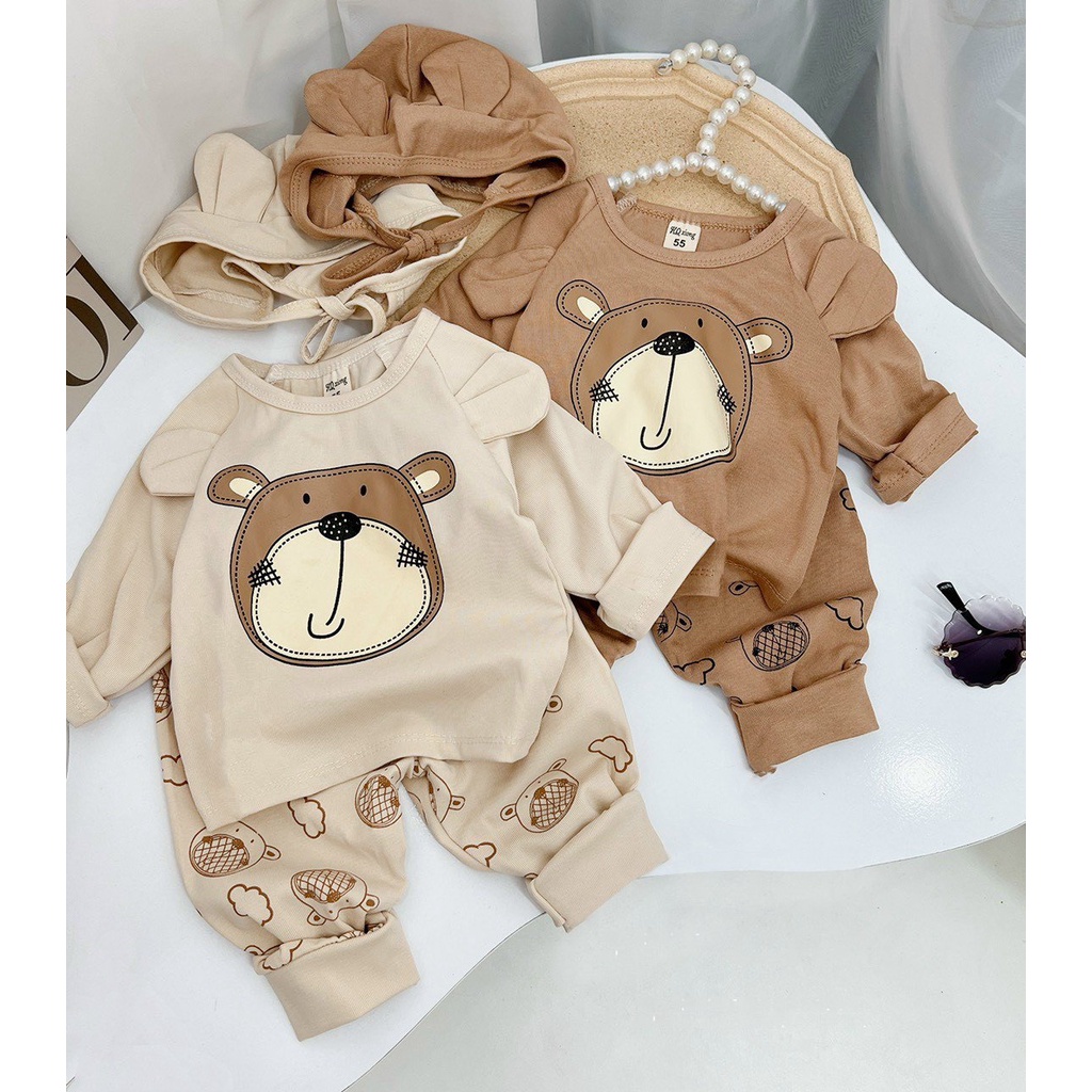 (Không mũ) BỘ DÀI TAY TAI GẤU DỄ THƯƠNG CHẤT COTTON MỎNG NHẸ CHO BÉ MẶC THU